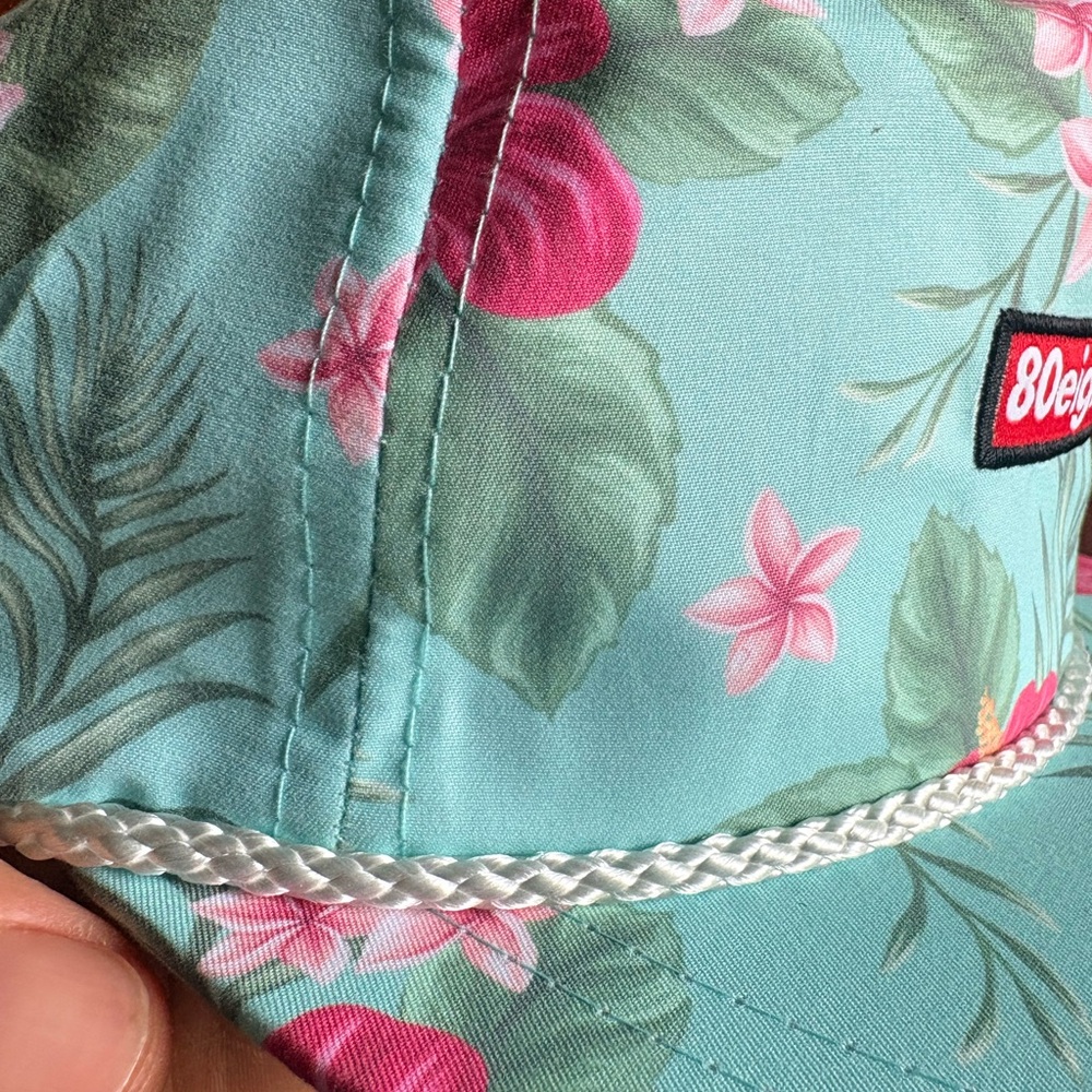 NWT 80eighty Aloha Premium Tropical Floral Rope-Trim Hat - Aqua & Pink - Picture 3 of 9